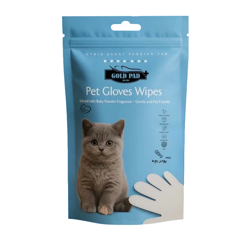 fed554eeffef97748eee01bdfbb7a65294824470_1762516504 دستکش مرطوب بهداشتی گلدپد ویژه حیوانات خانگی با رایحه پودر بچه - Image 1